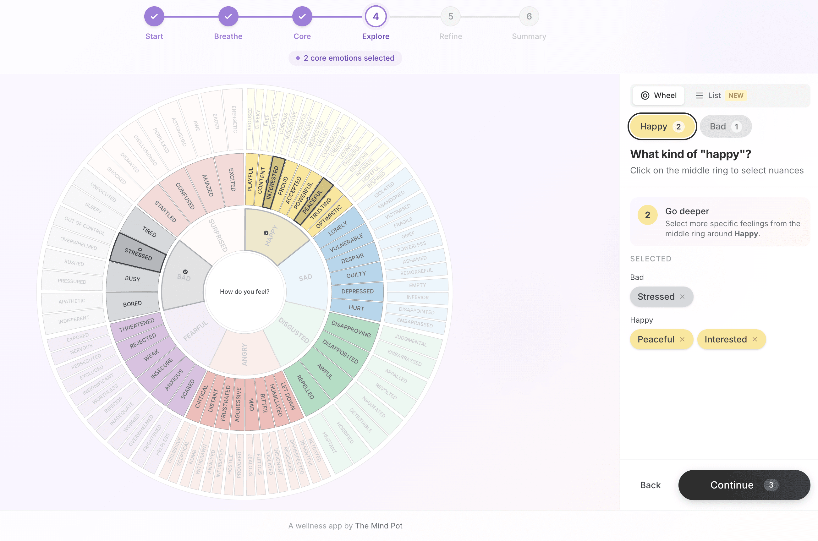 Wheel of Emotions — interactive emotion wheel with guided steps