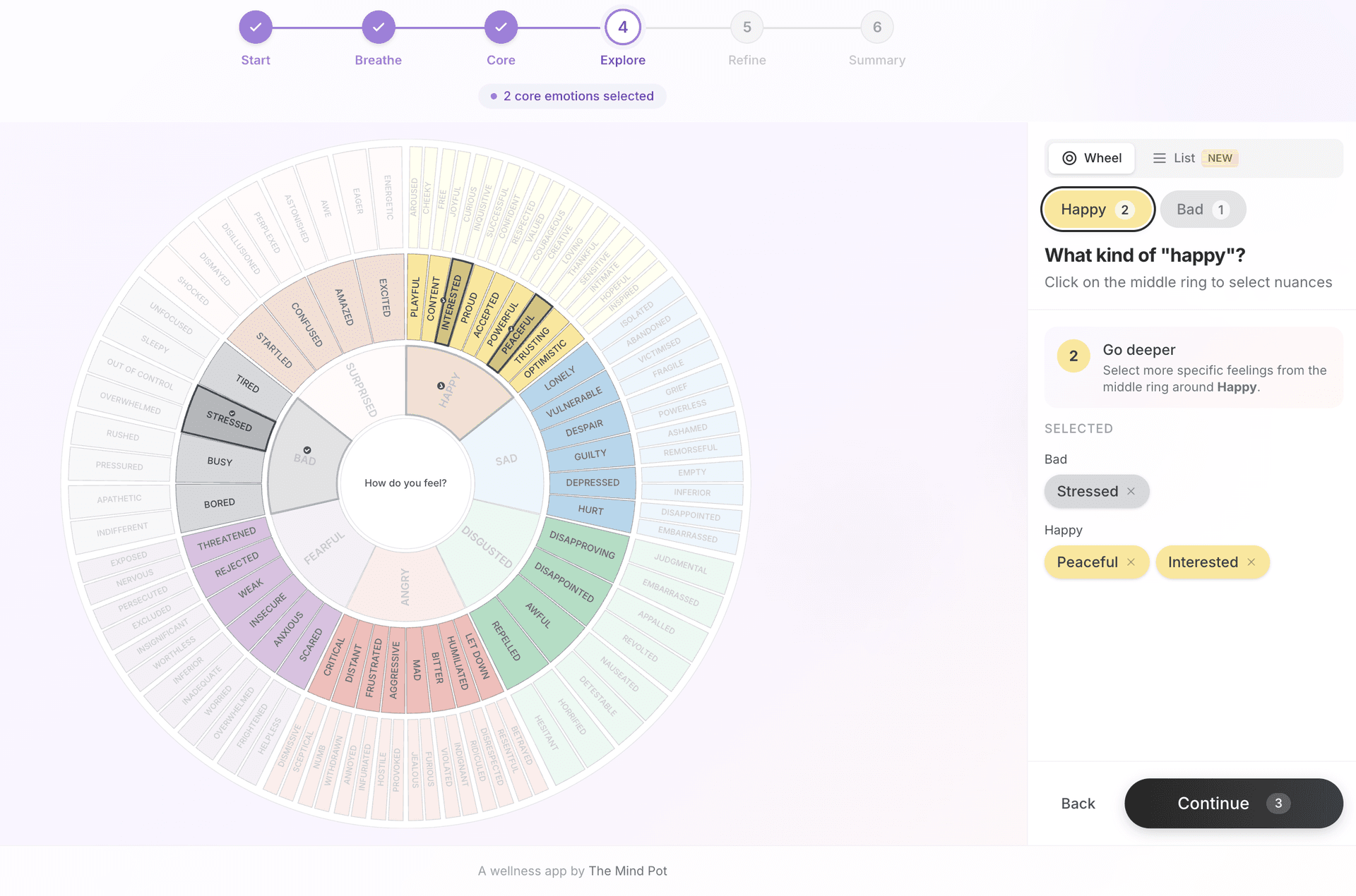 Wheel of Emotions — interactive emotion wheel with guided steps